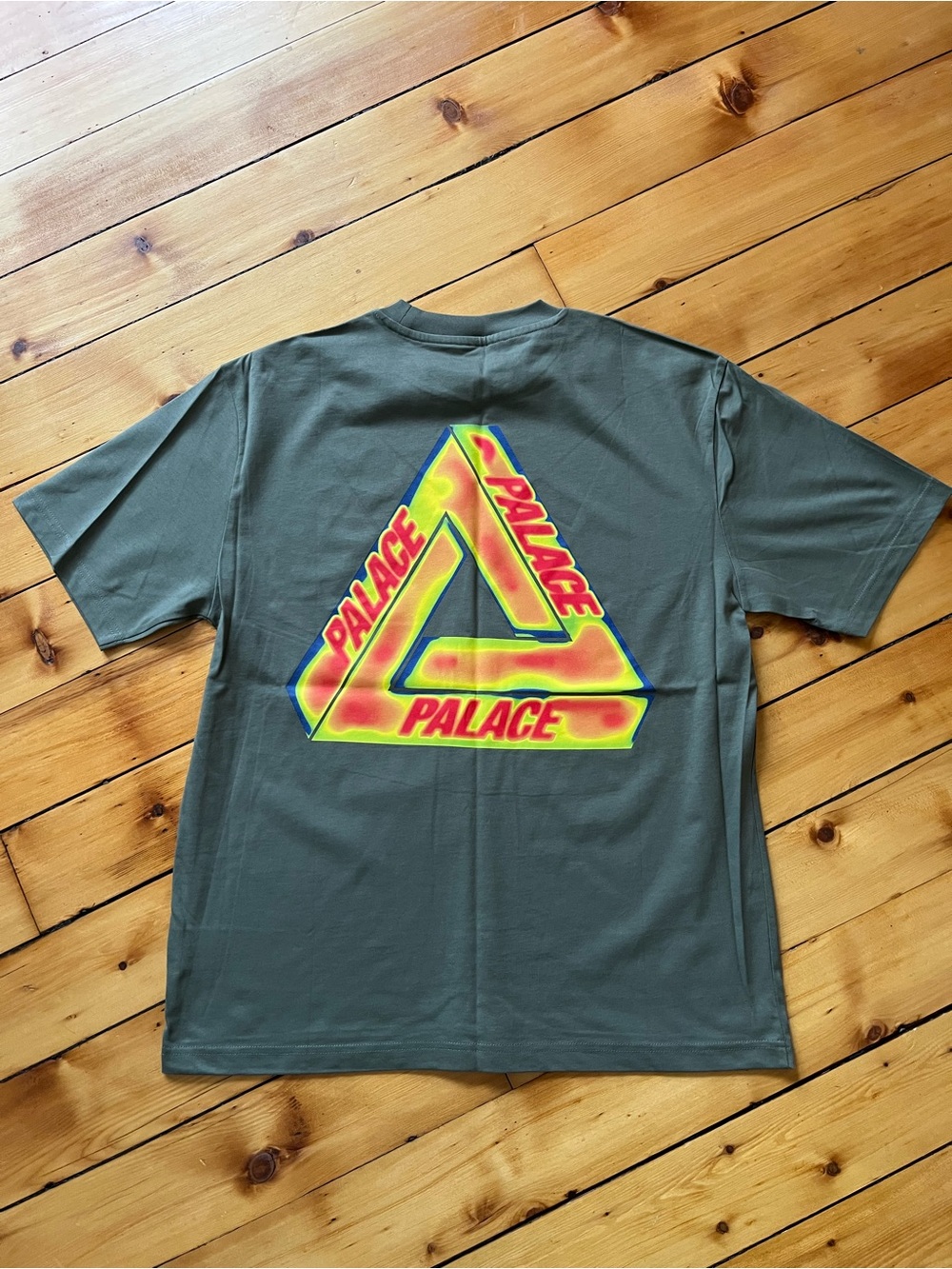 PALACE Olive Green Short Sleeve Tee with Neon Triangle Logo